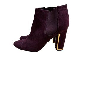 Unisa Plum Burgundy Suede Chelsea Ankle Boots Gold Trim Block Heel Sz 8